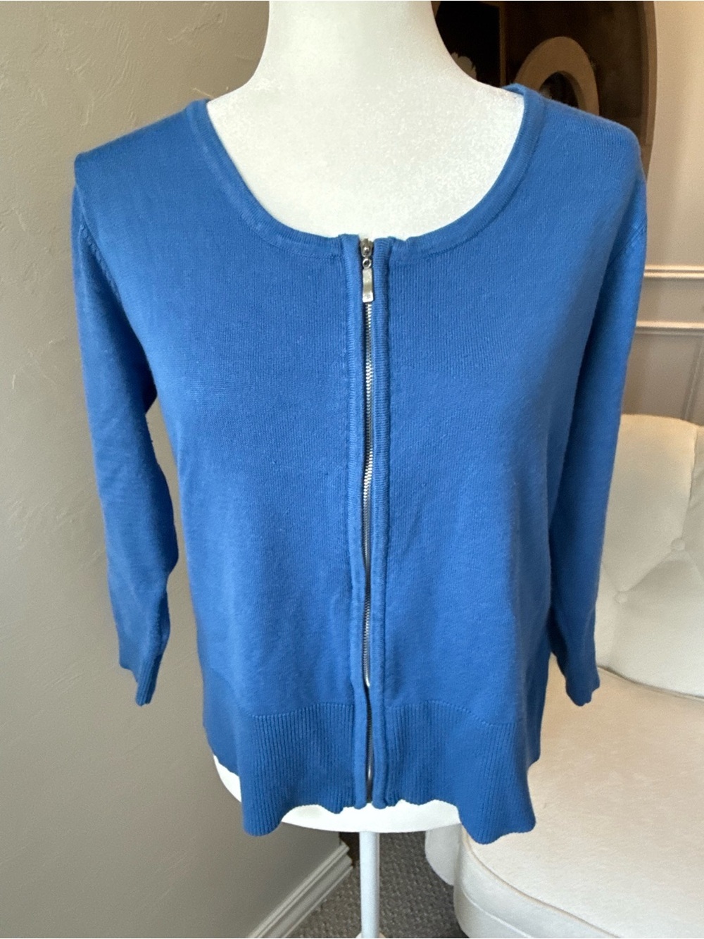 Carmen Marc Valvo XL Cobalt Blue Zip Front 3/4 Sleeve Knit Cardigan
